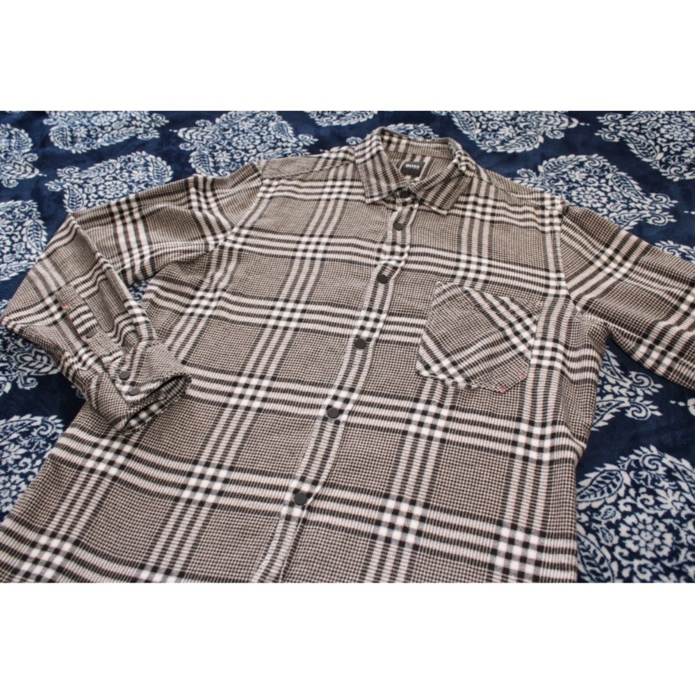 HUGO BOSS Shirt Mens Medium Brown Check Flannel Snap Regular Fit 100% Cotton